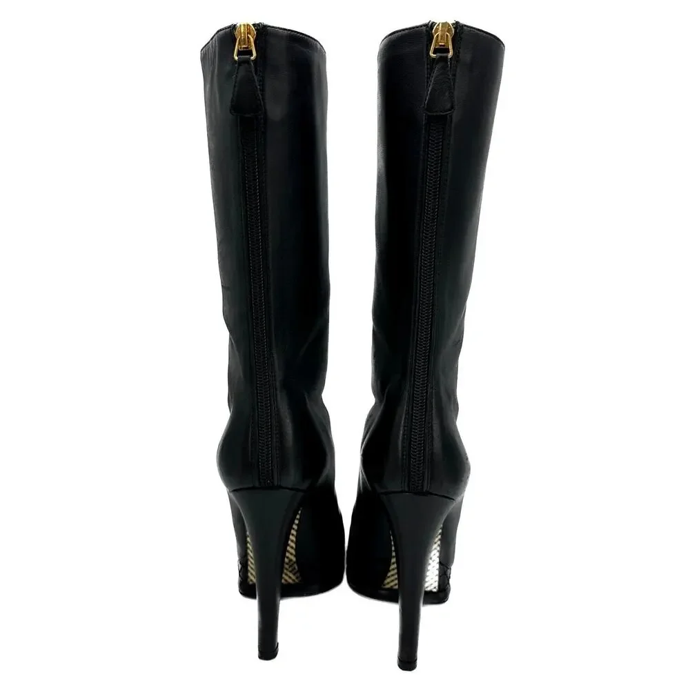 CHANEL Black Leather CC Cap Toe Quilter Platform Heel Boots IT 36